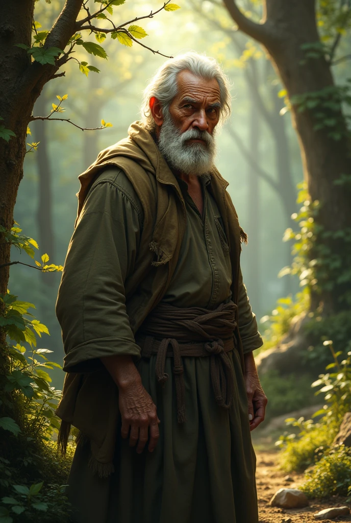 Make me an image of an old man in the woods with a humble appearance but with eyes that shine almost like fire