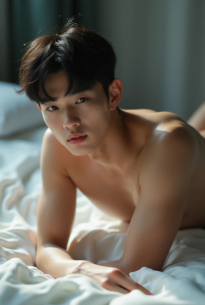 cute korean boy in tight underwear on bed with a lot of milk on him beautiful face