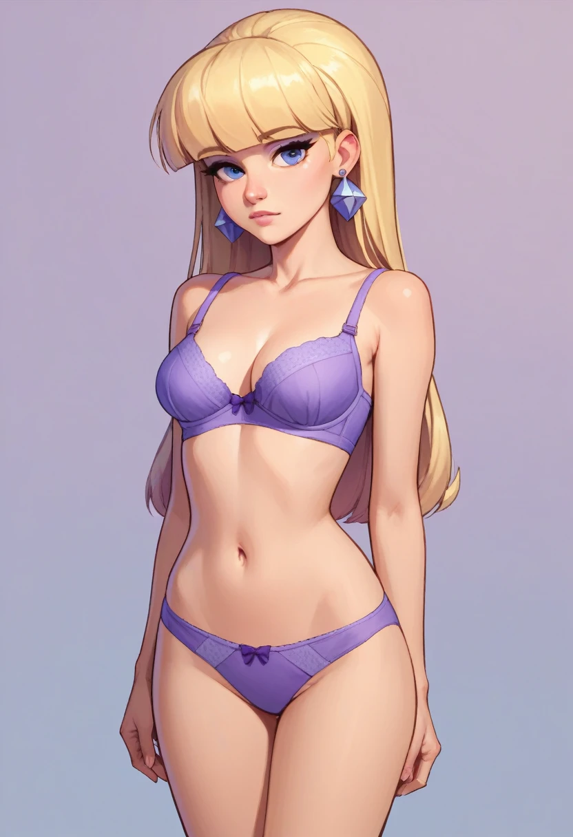 score_9, score_8_up, score_7_up, score_6_up,pacifica, 1girl, solo, long blonde hair with bell-shaped bangs,empty background,dark blue eyes, purple shadows, lavender ring earrings, looks at the viewer,(((purple bra))),(((purple panties))),stands straight,front view