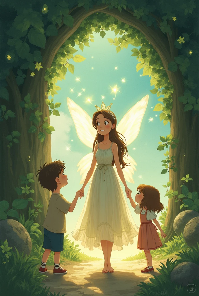 Similar to the movie style of My Neighbor Totoro,The fairy lady in front looked at the boy and girl who came and smiled kindly.,Waving the magic wand,The door to magic is opening