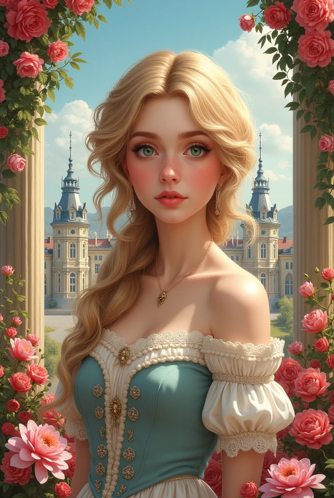 Create for me the image of the cover of my book the title (Anne's Fate) write the name in Portuguese and put my author name Kelly Ramos put a palace in the background, flowers and a young woman with an angelic face, a very realistic image of blond hair and green eyes wearing a period dress from 1910