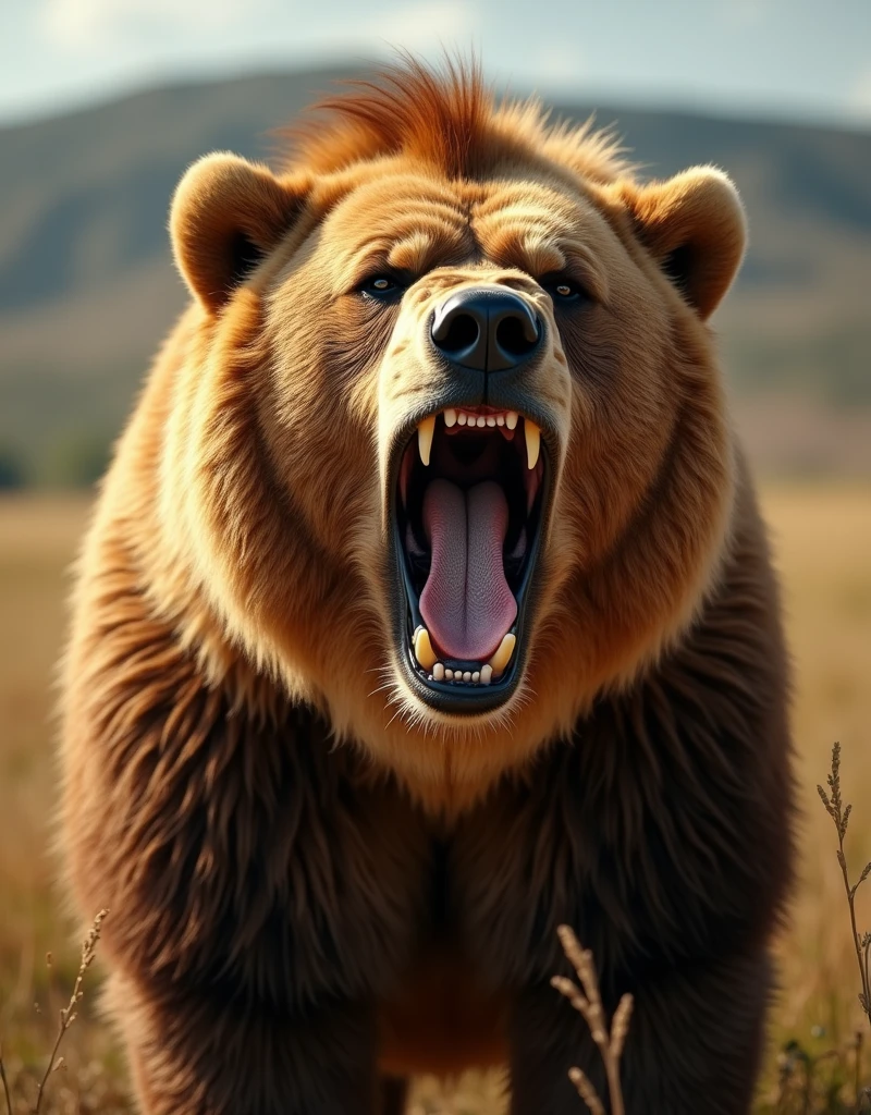 Close-up Brown Bear in roaring pose, golden mane, sharp teeth, African savannah, dramatic lighting, cinematic photography style, high-resolution film camera, --ar 4:5 --stylize 300