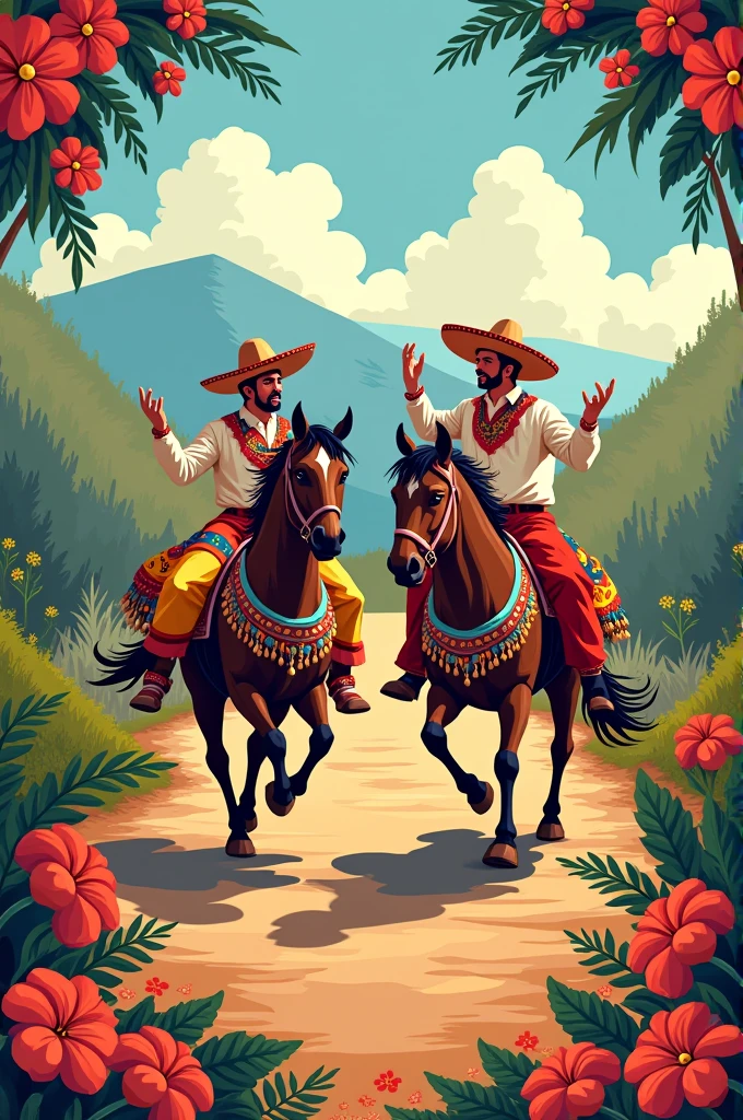 Generate a poster of Chilean national holidays, That Says It Will Be Done On The 17th, 18, September 19 and 20, With a couple of Huasos dancing