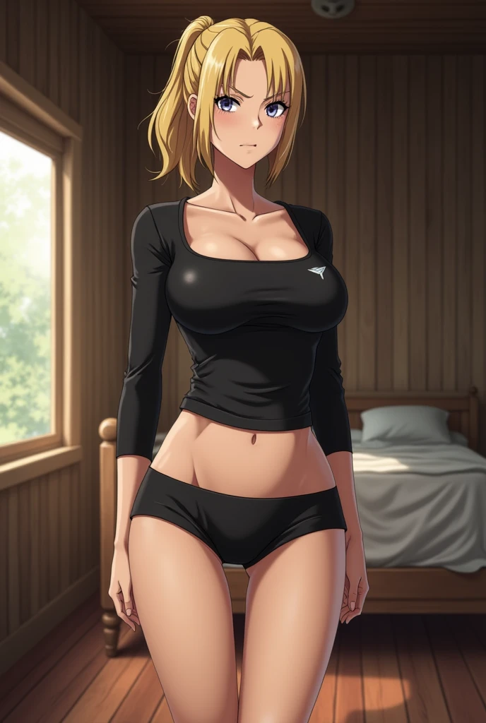 solo, (((Annie-Leonhart))), tomboy-housewife; a fierce and intelligent woman, 5-foot-5, blonde-hair in short-ponytail, muscular and lithe-figure, medium-sized breasts, clavicle; wearing tight black long-sleeved square-neck-shirt, with-cleavage, tight black yoga-shorts, bare-legs, black-flats; standing in cabin-bedroom, midday; horny-expression, stern, sexy-pose, full-body-view. Art in the style of (Attack-on-Titan)