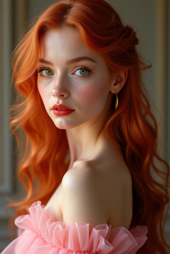 A beautiful girl, 20 years old, green eyes, detailed eyelashes and eyebrows, red mouth, glow on her face, long red hair, curly on one side of her head, earrings, ((perfect half body)), looking over her shoulder, in a pose fashion, (((wearing a pink tulle dress, very, very elaborate, detailed and intricate)), illuminated studio background, light behind the hair, in the highest quality. UHD. 8k.