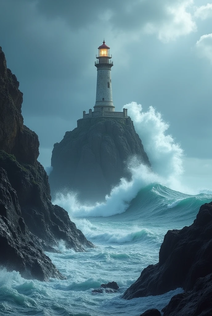 Phare sur un rocher dans la tempête, Bretagne, grosses vagues, photographie professionnelle réaliste , couleurs réaliste , HD 8k 