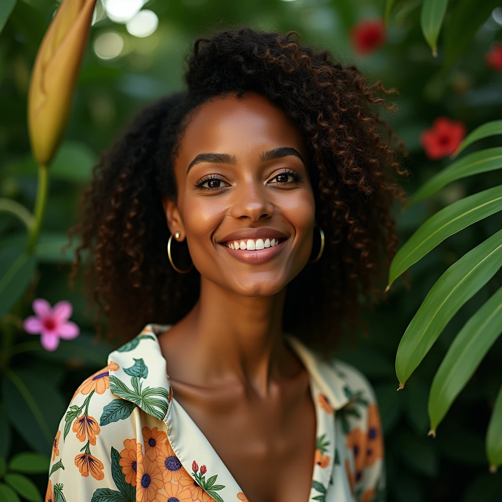 A Brazilian woman in a lush tropical garden, wearing an open shirt with a floral print, with a close-up capturing the harmonious beauty between her breasts and the natural flowers, showing off your natural charm and outgoing personality.