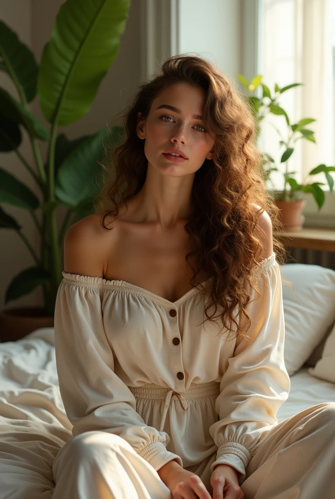 (photorealism:1.2), beautiful woman, sitting on bed, wearing loose off-shoulder top, pajama pants, long curly hair, indoors, soft lighting, plants in background, window with sunlight, cozy room, relaxed pose, realistic, intricate details, warm colors, by Greg Rutkowski, by Alphonse Mucha
Mujer de 20 años , piel blanca