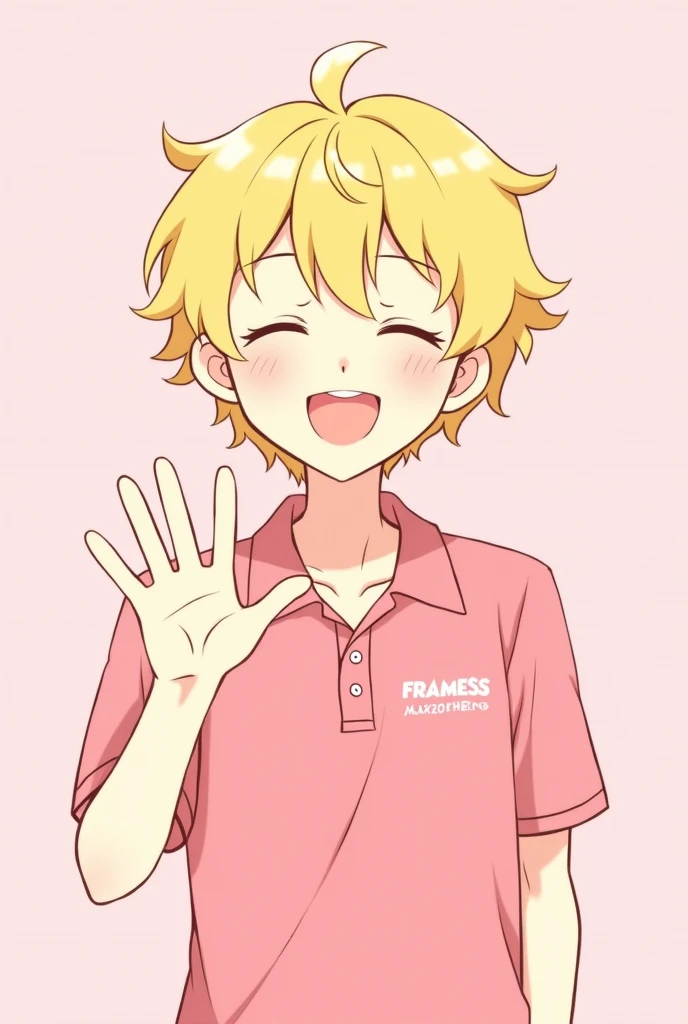 the blonde hair design is anime he smiles has his eyes closed and waves forward he also has curls and a pink polo shirt with framess written on it in white writing the background is light pink