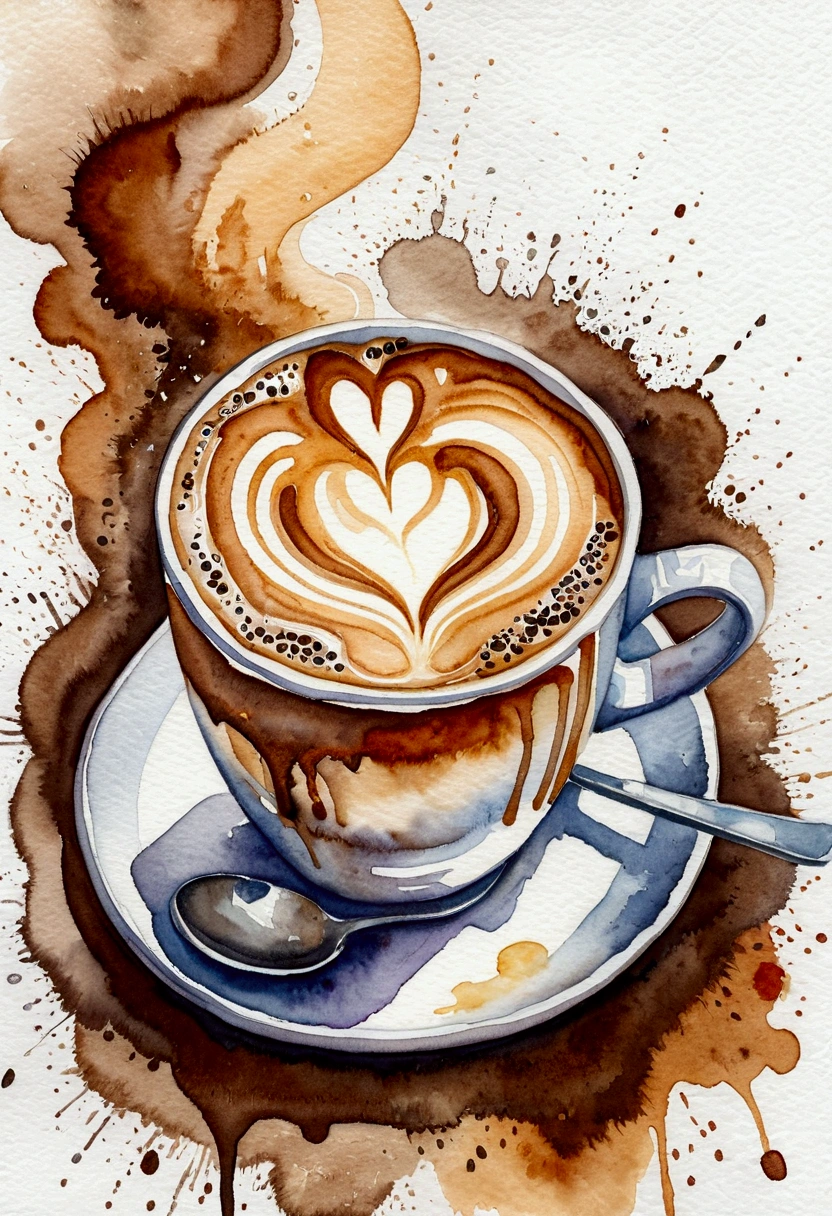 Painting of a cup of coffee. Trend Aquarell, detailed, realistic representation, Streetstyle, Astrology