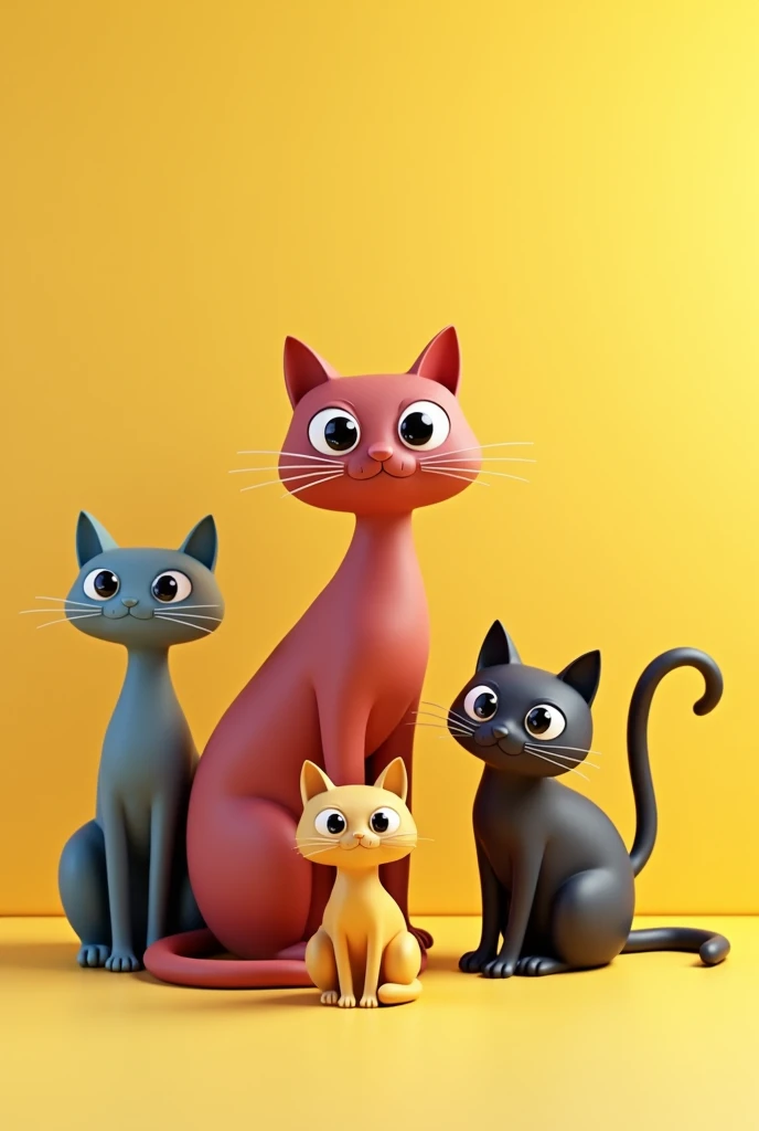 A fascinating 3D rendering of minimalist artwork featuring an intriguing puzzle of stylish monochromatic cats. Each cat has large, expressive eyes.、The pose is slightly different, direction, and shapes, It creates a fantastical and playful composition.. Each cat is different in a single color. ousado, simple lines and shapes of the cats stand out against a vibrant light-yellow background. Small stylish signature of the artist, 'playing', It is located on the right, This conceptual artwork makes for an interesting illustration.. The overall effect is clean, Modern, And full of energy. Centered.