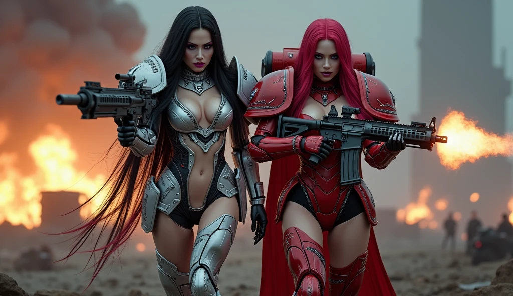 Full body pose sexy sisters of battle from the warhammer 40k, shooting at the enemy, red and black space marine armor with intricate details, religous symbols on the armor, sisters of battle, warhammer 40k, Massive silicone breast, pale skin, seductive, temptation, eat your soul, clevage, long flowing black hair with purple highlights, heavy gothic makeup, at night, neon, beautiful detailed eyes, beautiful detailed lips, extremely detailed eyes and face, long eyelashes, highly detailed armor, intricate futuristic weaponry, dramatic lighting, cinematic composition, muted color palette, gritty and realistic, mecha, science fiction, hyper-detailed, photorealistic, award winning digital art, 8k, HDR, masters work, in the middle of a battle field, full body combat action pose, explosions and fire around, full war, stunning, Stilleto heels, high heels, full body pose, cinematic, movie trailer, final stand!, nemesis, ready to strike, dust and debree, combat screams, attacking, shooting at the enemy, running forward, last line of defense, charging, fanatic, religious, templar knights, sisters of battle, warhammer 40k