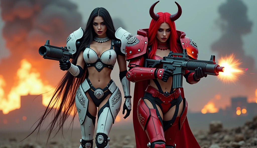 Full body pose sexy sisters of battle from the warhammer 40k, shooting at the enemy, red space marine armor with intricate details, white space marine armor with intricate details, symbols on the armor, sisters of battle, warhammer 40k, Massive exposed silicone breast, pale skin, seductive, temptation, eat your soul, clevage, long red flowing hair, long black flowing hair with purple highlights, heavy gothic makeup, at night, neon, beautiful detailed eyes, beautiful detailed lips, extremely detailed eyes and face, long eyelashes, highly detailed armor, intricate futuristic weaponry, dramatic lighting, cinematic composition, muted color palette, gritty and realistic, mecha, science fiction, hyper-detailed, photorealistic, award winning digital art, 8k, HDR, masters work, in the middle of a battle field, full body combat action pose, explosions and fire around, full war, stunning, Stilleto heels, high heels, full body pose, cinematic, movie trailer, final stand!, nemesis, ready to strike, dust and debree, combat screams, attacking, shooting at the enemy, running forward, last line of defense, charging, fanatic, religious, templar knights, sisters of battle, warhammer 40k, shooting at the enemy, bimbo gigantic exposed breast, jetpacks, space marine, stilleto heels, cinematic light, cameltoe pussy, beautiful pussy, wet pussy, wet body, oiled body, gigantic breast, dynamic super sexy combat action pose