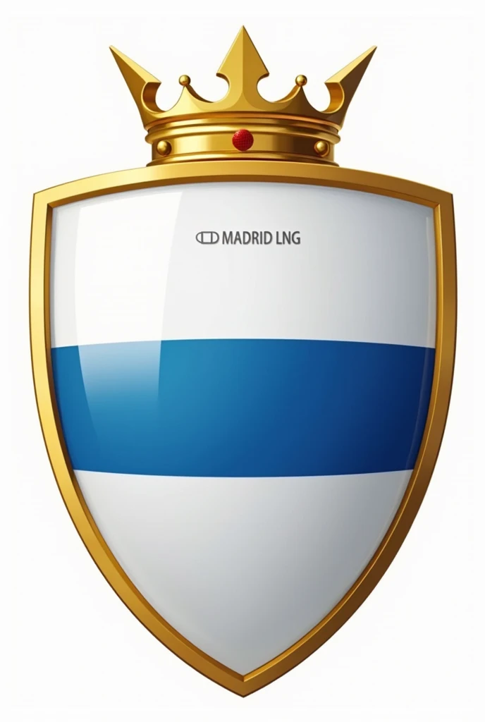 Create a shield with the name CD MADRID LNG with a golden crown and on the shield with golden edges and a white background and a blue stripe 