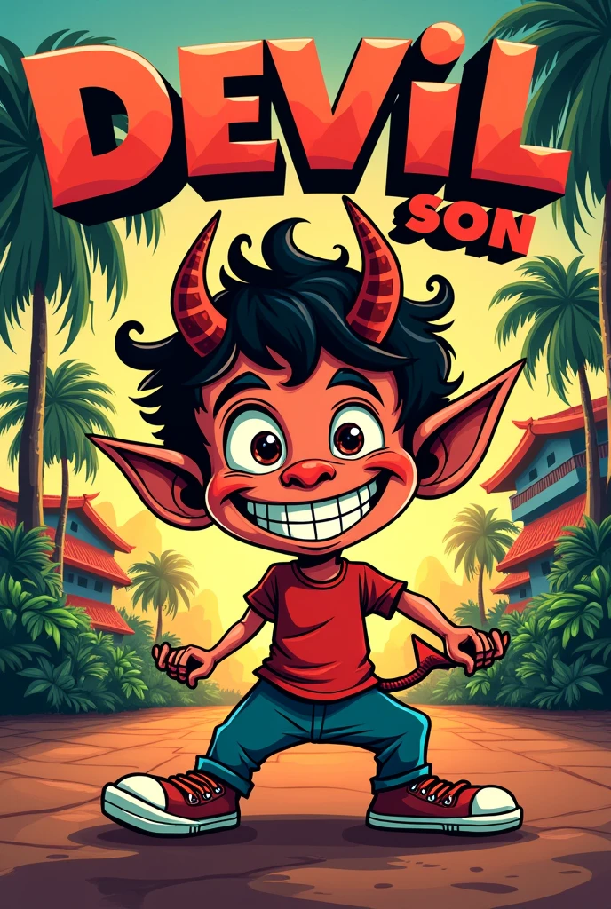 1024x576 need comic with cartoon effects and write on it in funny font "Devil Son Sri Lanka" 