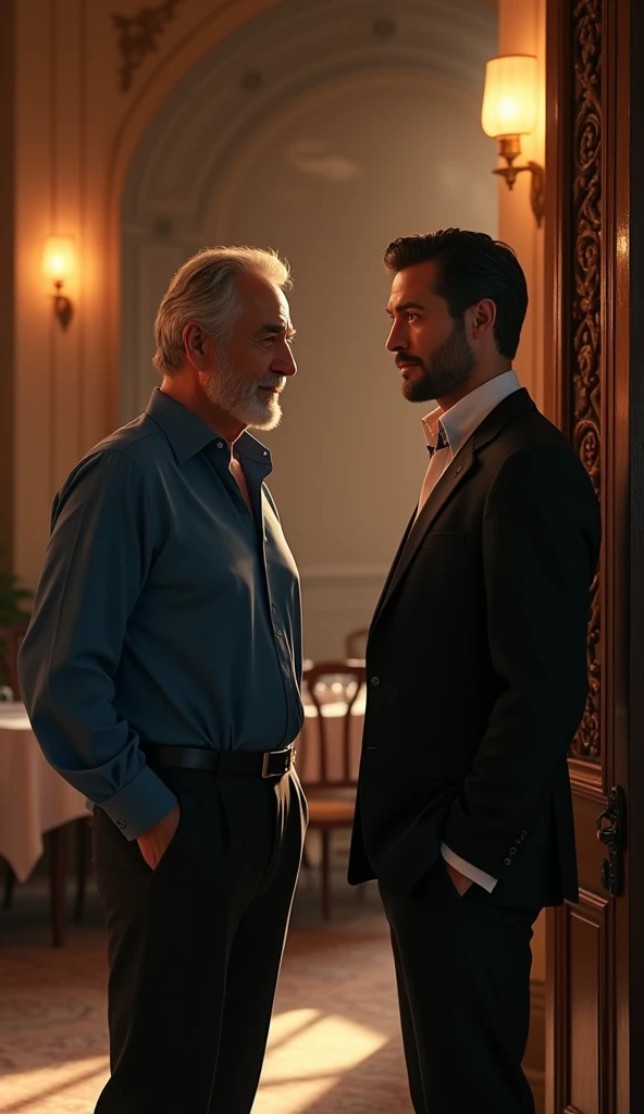 A handsome old man with blue shirt talking to a handsome guy with black suit at the door of a restaurant, pixar style, cinematic, masterpiece, high-aesthetic , portrait