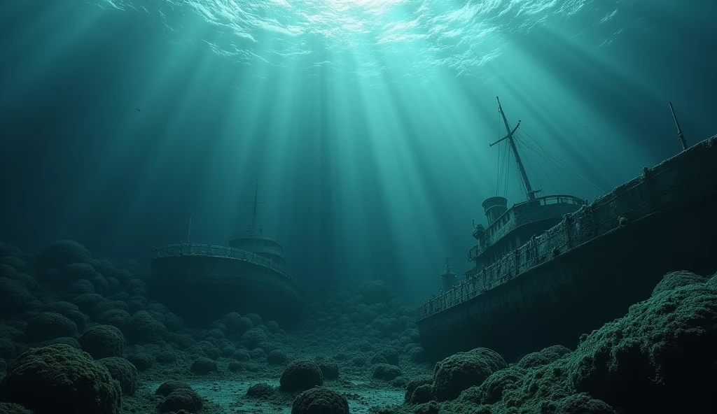 A deep ocean view with a dark and mysterious atmosphere, captured in a cinematic and haunting style. The surface above is chaotic, with violent waves crashing furiously. As the image plunges deeper into the abyss, the waters gradually calm but are shrouded in eerie shadows. Sunken ships, relics of ancient times, rest silently on the seabed, encrusted with algae and coral, exuding a sense of age and forgotten history. The faint glow of light filtering through the turbulent surface barely reaches the depths, casting a ghostly illumination over the decaying remains, creating a haunting and melancholic scene of lost time., Surrealism, Hyperrealism, UHD, retina, masterpiece, accurate, anatomically correct, textured skin, super detail, award winning, 16k