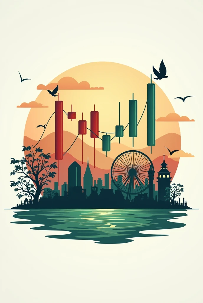 Logo for a Volatility 100 index academy and some red Japanese candles, green included and metatrader mt5 and dollar bills and trips to Europe
