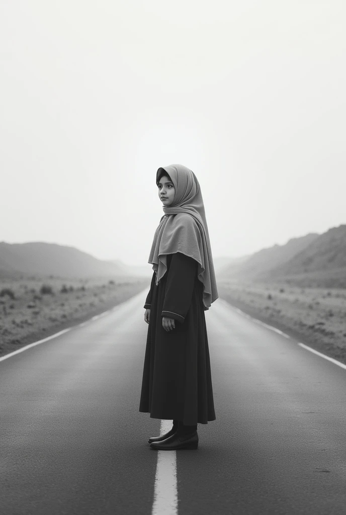 Please create a simple digital art where a Muslim girl is standing in the middle of the road to cross a path. Please provide a philosophical view and make sure there is a meaning behind it, no color please 