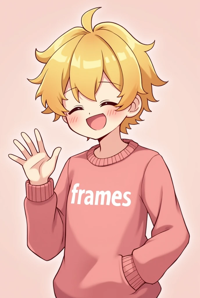 the blonde hair design is anime he smiles has his eyes closed and waves forward he also has curls and a pink sweater with framess written on it in white writing the background is light pink