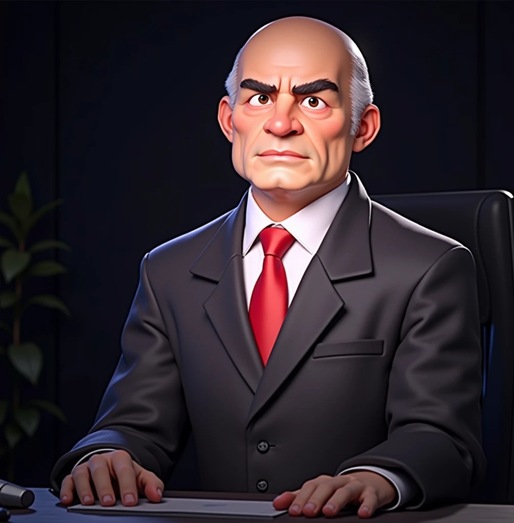 Disney 3D Pixar image of a bald man in a black suit, white shirt and red tie, working in the office.