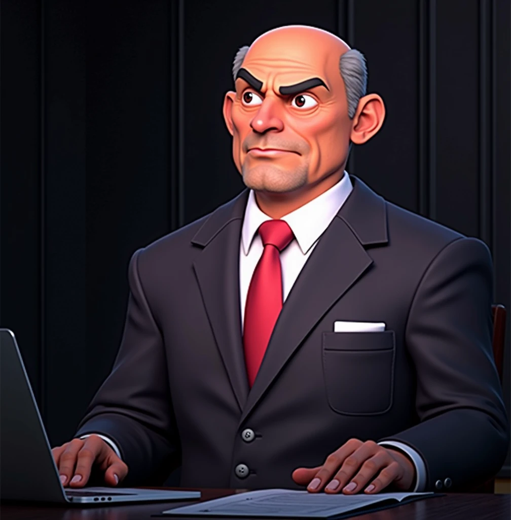 Disney 3D Pixar image of a bald man in a black suit, white shirt and red tie, working in the office.