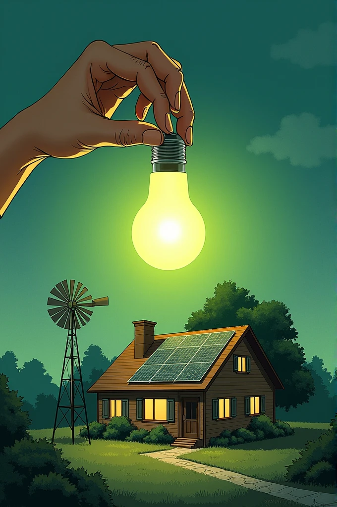 A drawing of a house with solar panels on the roof and a small windmill next to it. Aside, a carbon footprint is being "Blurred" by a hand holding a green light bulb. the phrase "Reduce your carbon footprint: Use Renewable Energy" It is written in large, bold letters, highlighting the importance of using clean energy sources to combat climate change.