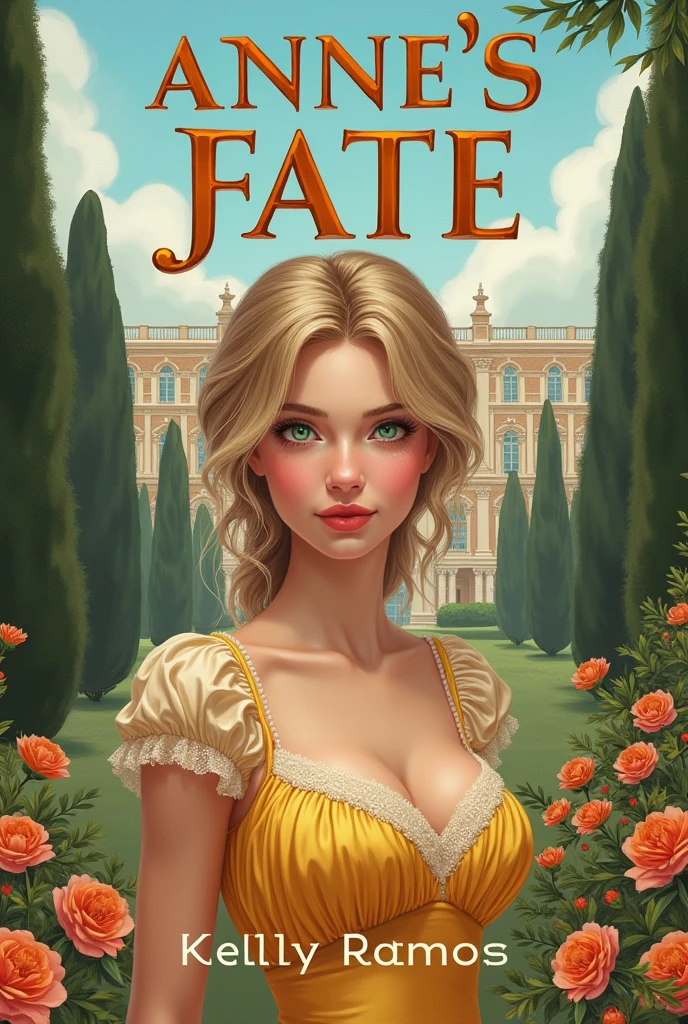 Create for me the image of the cover of my book the title (Anne's Fate) write the name in Portuguese and put my author name Kelly Ramos put a palace in the background, flowers and a young woman with an angelic face, a very realistic image of blond hair and green eyes wearing a yellow dress from the 1910s