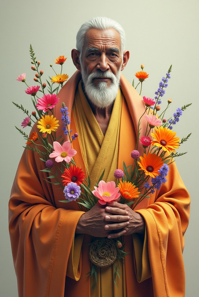 A man with flowers and a clothing signifying peacemaker, focus on the clothes