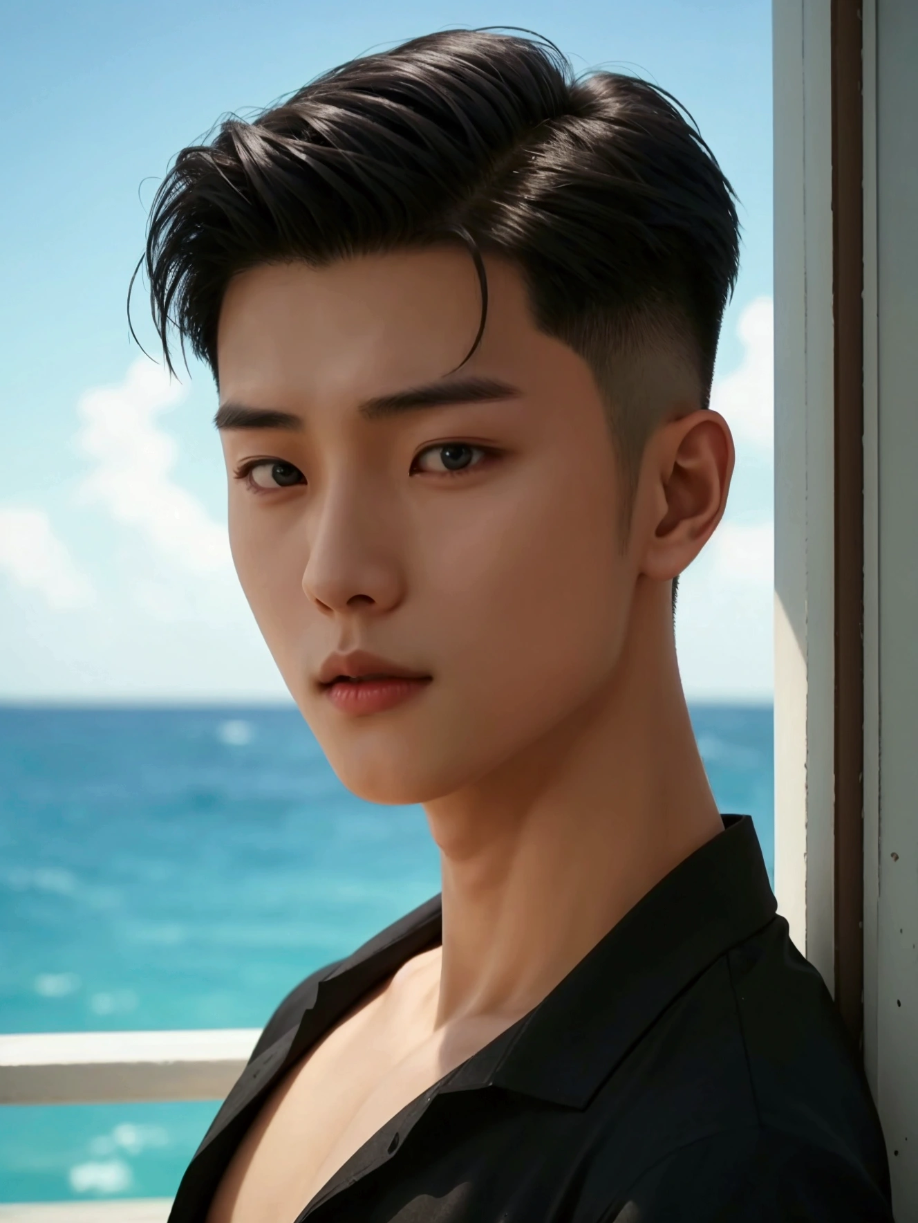 Realistic , 1 Handsome chinese slim guy, 20 years old, undercut short Hair, handsome man , Loose black shirt, sea backdrop
