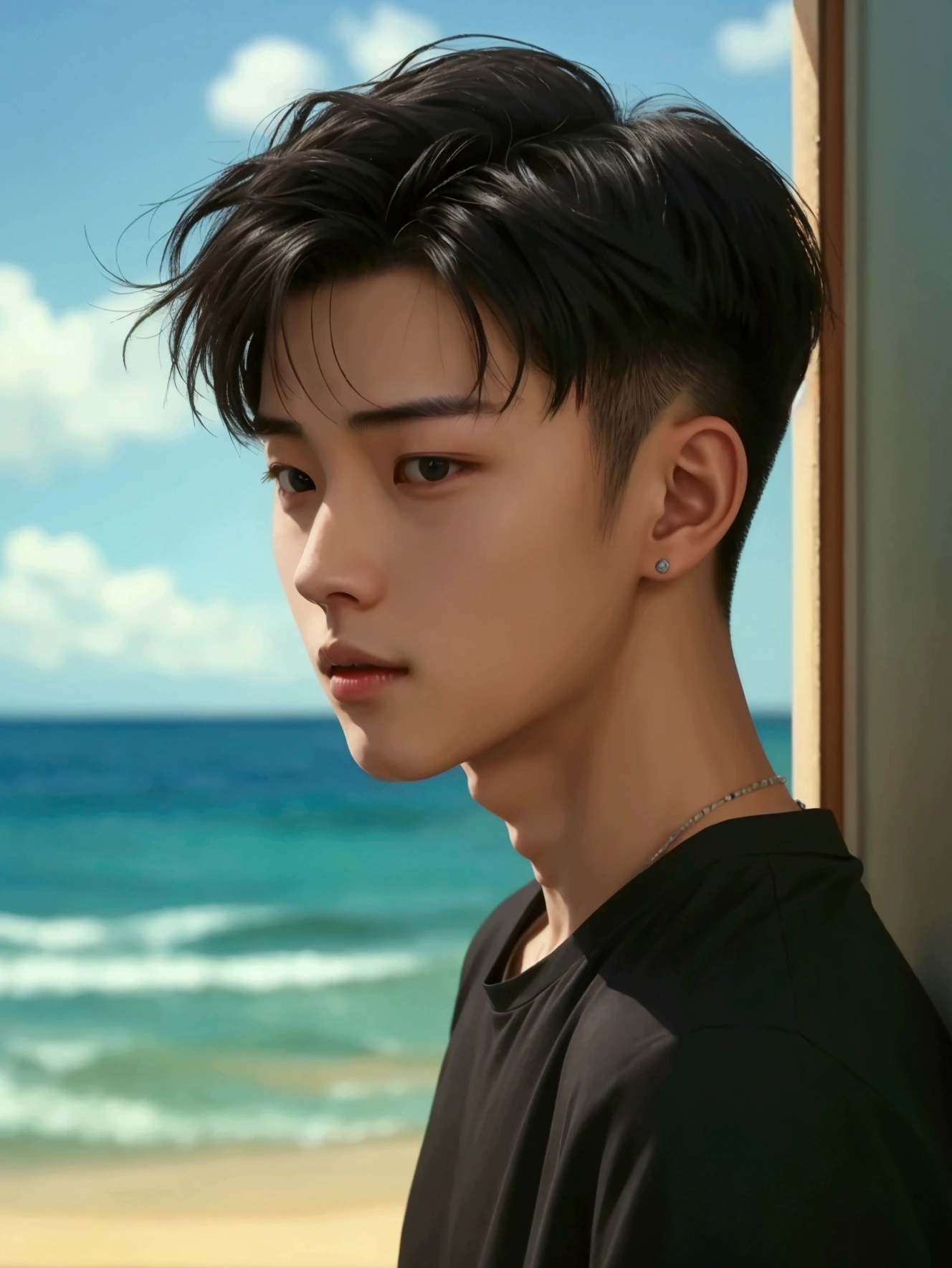 Realistic , 1 Handsome chinese slim guy, 20 years old, undercut short Hair, handsome man , Loose black shirt, sea backdrop