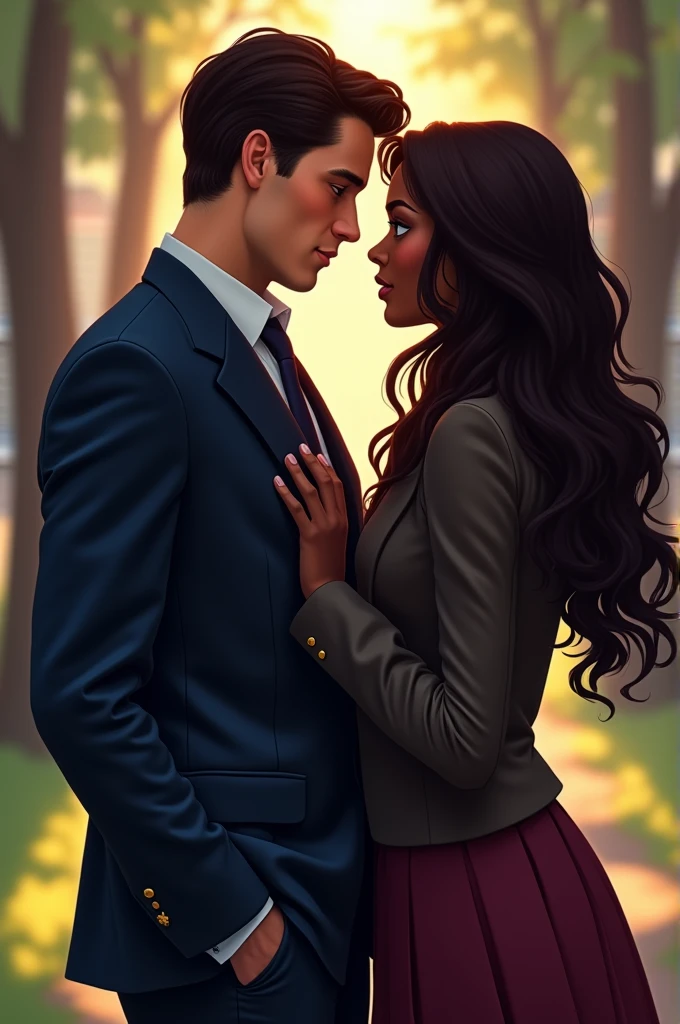 Kit connor in a navy blue elegant uniform at a high school flirting with a dark skinned girl, long dark brown hair, The young woman has her back to him.