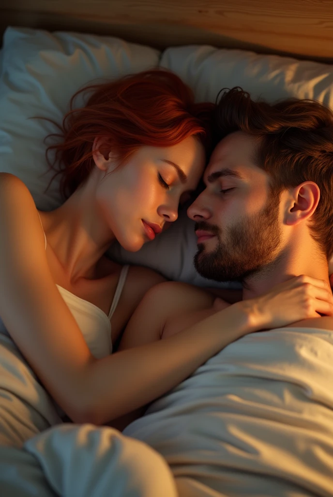short hair girl, redhead and white. In bed next to her boyfriend, a short light brown, unkempt beard
