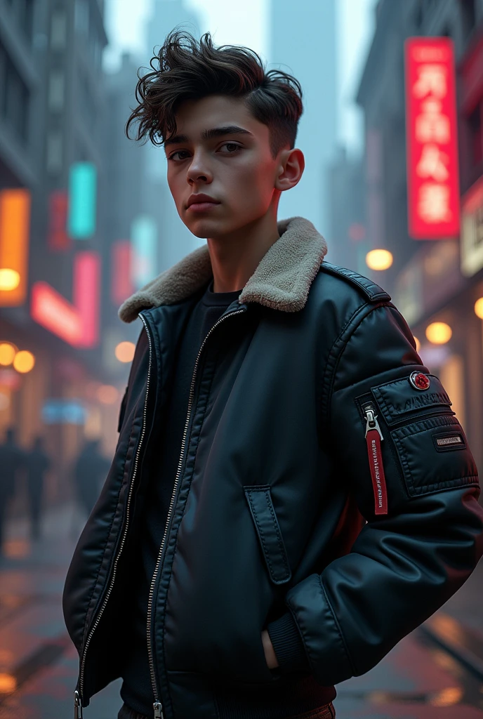 Create me a cool looking boy wearing a flight jacket