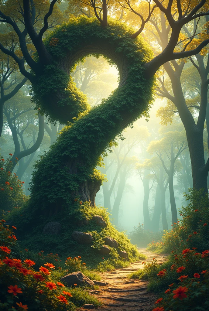 A large tree in the shape of a question on colourful forest