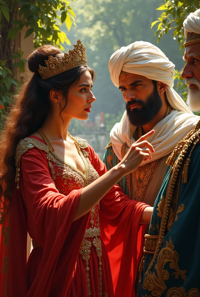 Make the queen of Persia with a red dress and her crown at the table and the king of Persia with a dark beard and an officer with a white beard and a white turban , the queen is pointing her finger at the officer in the white turban with a look of fright add to the background garden with sun shining