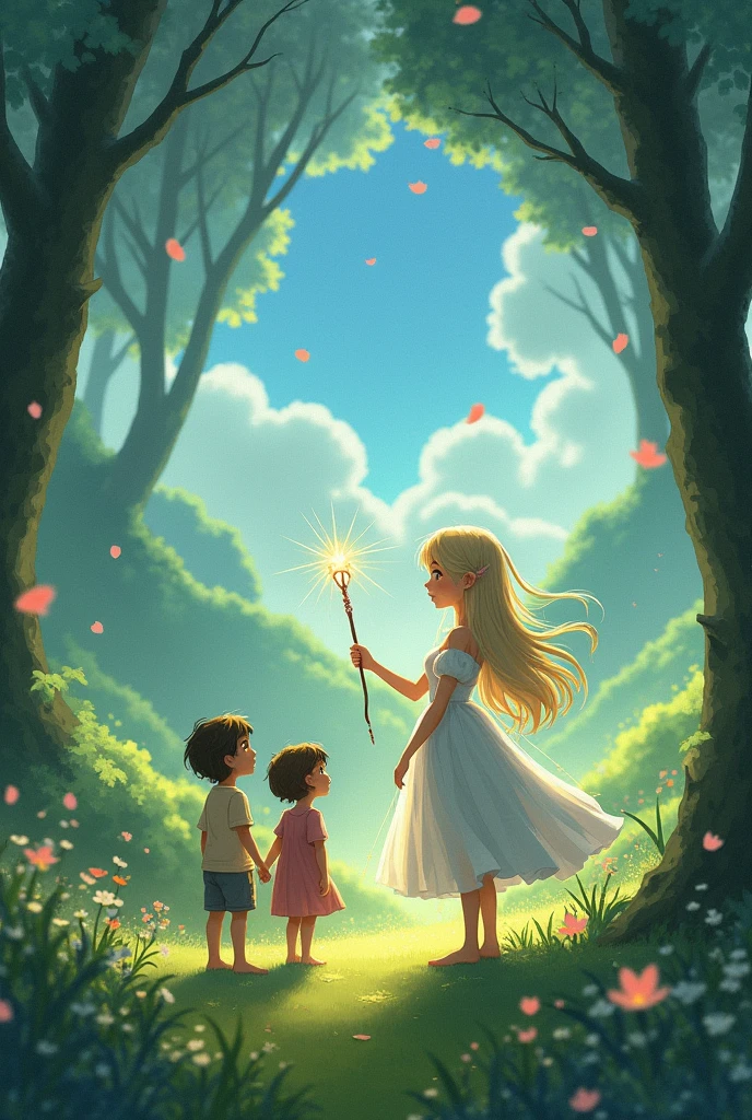  Similar to the movie style of My Neighbor Totoro，The fairy lady in front looked at the boy and girl who came and smiled kindly.，Waving the magic wand，The door to magic is opening，A new chapter in Hayao Miyazaki&#39;s magical story