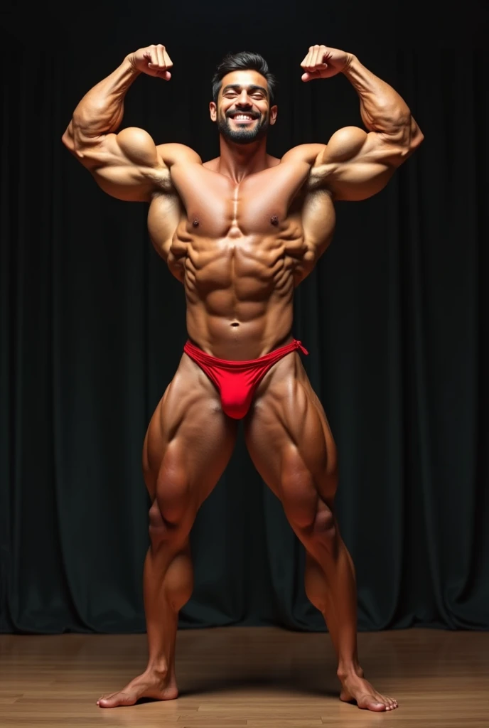 a persian man in red bikini posing on a stage with his arms up and a smile on his face, a portrait by Byron Galvez, featured on instagram, Baroque, body builder physique, Physicist exagerado, Physicist muscular exagerado, Mr. Universe, big fit ass, long, stark, Physicist |, corpo fitness ifbb, body builder posing, body builder, body builder body, ernest khalimov body