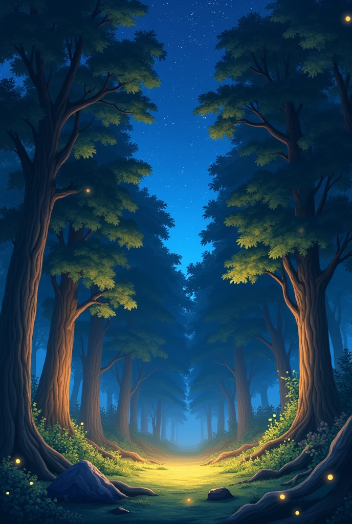 An anime forest at night with warm lights
