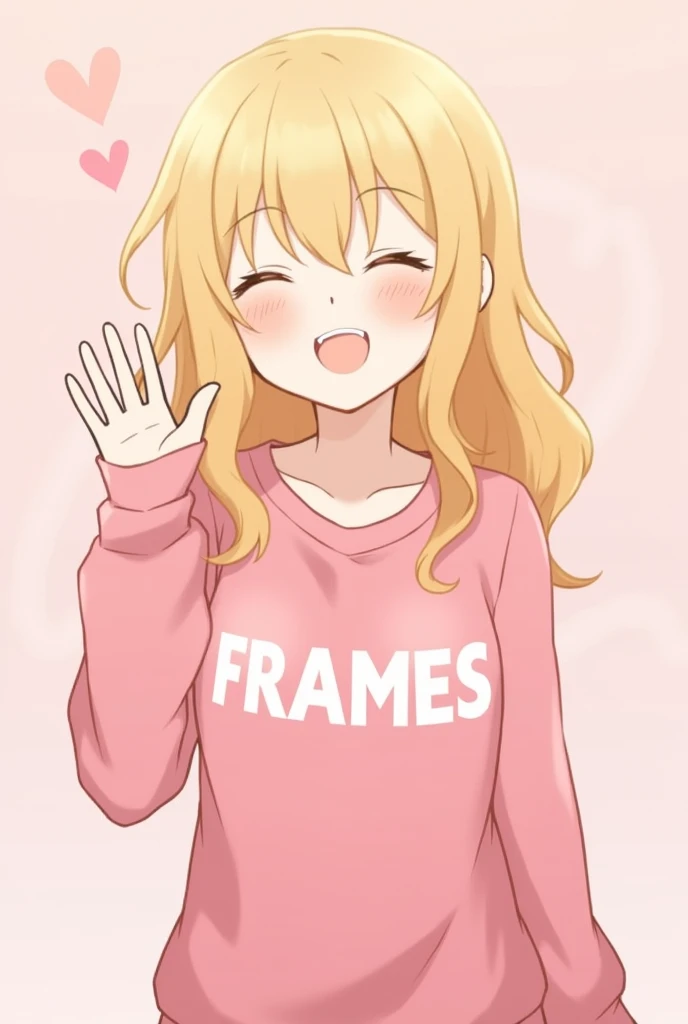 the blonde hair design is anime he smiles has his eyes closed and waves forward also has curls and a pink sweater with framess written on it in the middle with white writing the background is light pink
