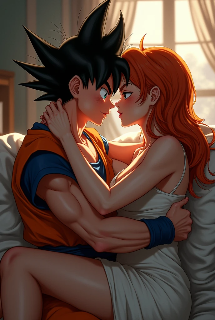 Goku and Bulma in bed making out passionately (dragon ball)