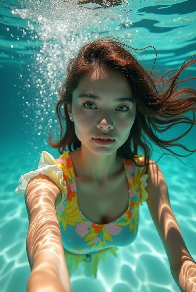 A beautiful girl 26 years with big green eyes and long eyelashes is swimming underwater. The water around her shimmers like glass. The girl's shirt color glitters with light blue, yellow, and orange pink colors in a colorful, vibrant, hyper realistic style of photography with intricate details in high resolution, high definition professional photograph,