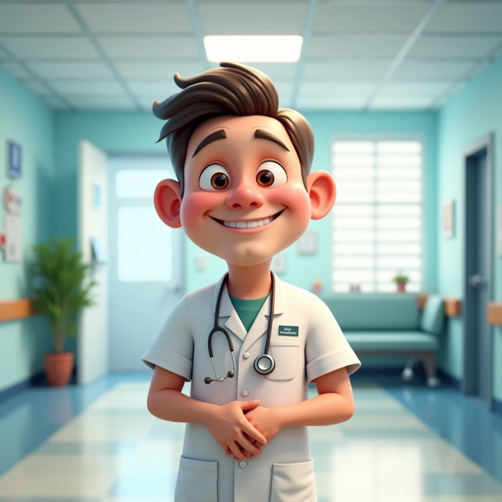 An animated character is like the character of Reese&#39;s , who is a nurse and has a beautiful smile and is slightly inclined to the left, and the space behind it is inside the hospital, and he compliments. 
 .  He is a man, he is white, he is short, he is a dwarf, and his hands are folded