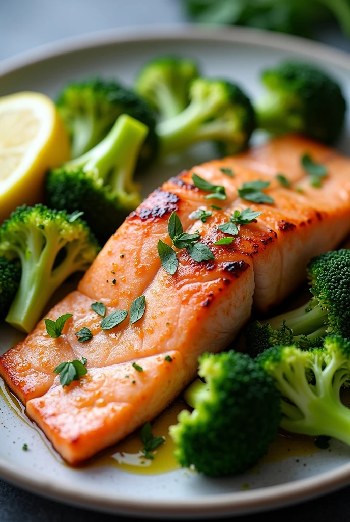 Create an image of this recipe: Baked Salmon with Broccoli Ingredients:
- Salmon fillet: 200 g - Broccoli: 150 g - Olive oil: 20 ml - Lemon: 1 unit - Garlic: 10 g
- Sal: 5 g - Pepper: 2 g Preparation:
1. Preheat the oven to 180°C.
2. Place the salmon fillet on a baking tray. Season with salt, Pepper, minced garlic and lemon juice.
3. Serve with chopped broccoli, seasoned with a little olive oil.
4. Bake for 15-20 minutes, until the salmon is cooked and the broccoli is tender.
5. Serve hot, decorated with lemon slices.