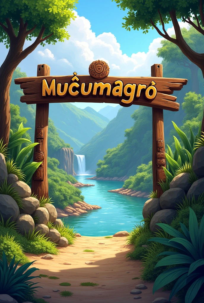 Site with a river with a sign at the entrance saying: "MUÇUMAGRO SITE" Horizontal image