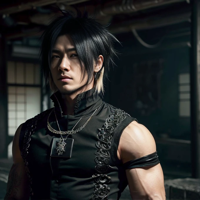 1 man, Japanese man, male, Asian eyes, muscular, broad shoulders, dragon,hairstyle Visual Kei style, hair Visual Kei, black men's shirt and black pants, ultra detailed face, hyperrealistic, realistic representation, 30 years old!,age 30 years! Blonde hair, long hair.