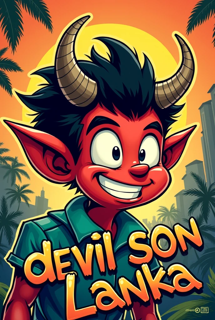 1024x576 need comic with cartoon effects and write on it in funny font "Devil Son Sri Lanka" 