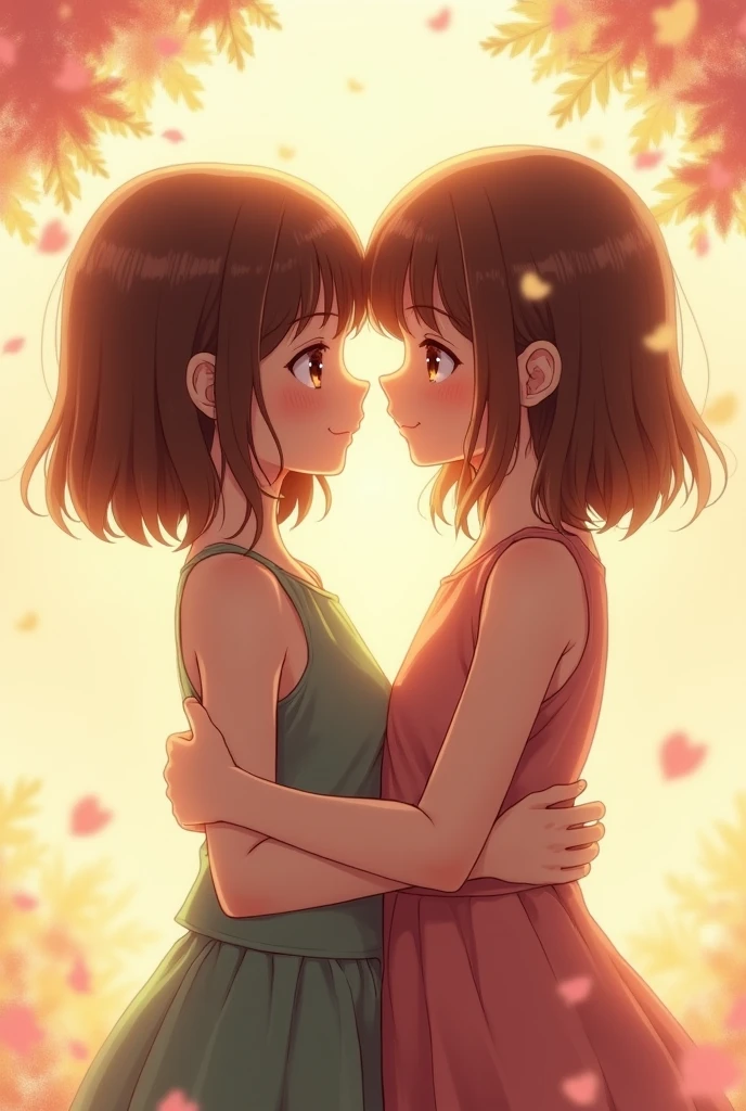 two girls hugging each other anime while looking forward