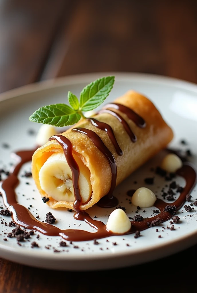 Make a realistic popia pisang with white chocolate and chocolate sauce also with oreo topping