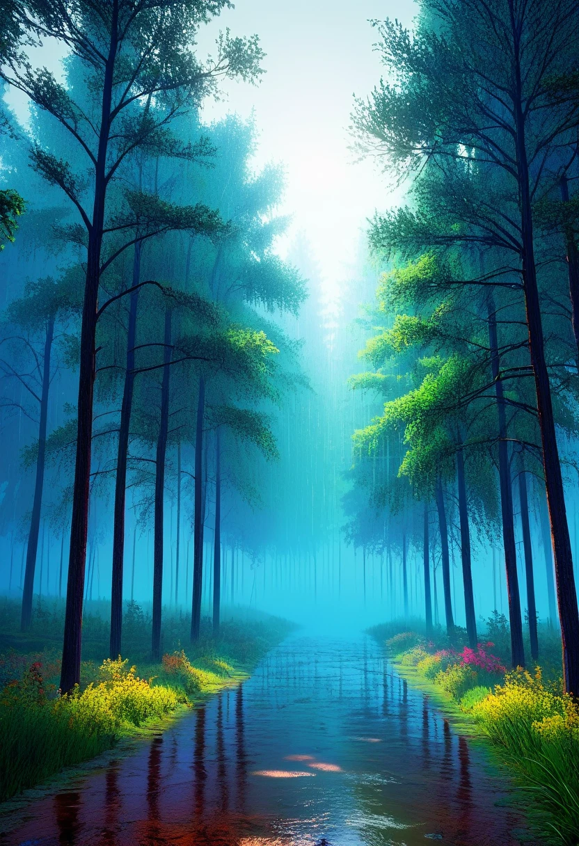 raining down, breeze, arbres, foret, haze, vibrant colors, heavy rain. 8k, best resolution, 1920x1080, realistic